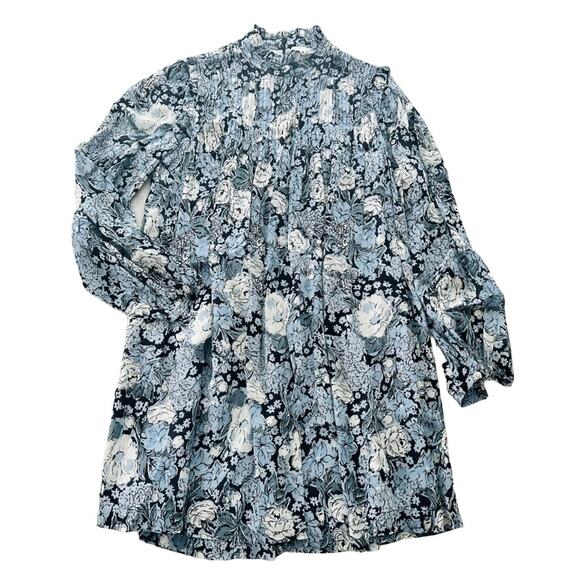 GANNI Elm Georgette Mini Dress Blue Floral Size 40 Long Sleeve Modest Viscose - Picture 3 of 13
